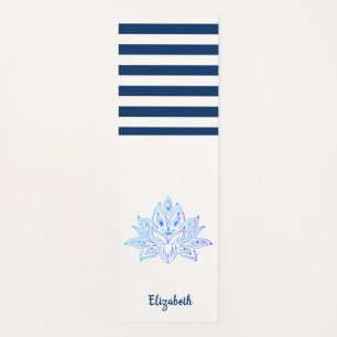 Tapete De Yoga Flor de Lótus Listras Brancas Azul Marinho