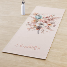 Tapete De Yoga Flor e Penas Rosa Boho Elegante