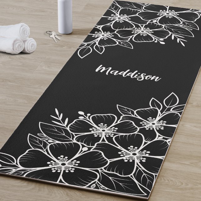 Tapete De Yoga Flor Preta Personalizada (Personalized Black Flower Yoga Mat )