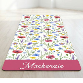 Tapete De Yoga Flor Silvestre Azul Rosa Botânica Nome Personaliza