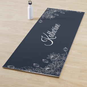 Tapete De Yoga Flor simples moderno com nome em azul naval lótus