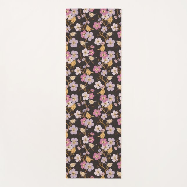 Tapete De Yoga Florais e Aves de Trilha Branca - Cinzas/Pretas (Frente)