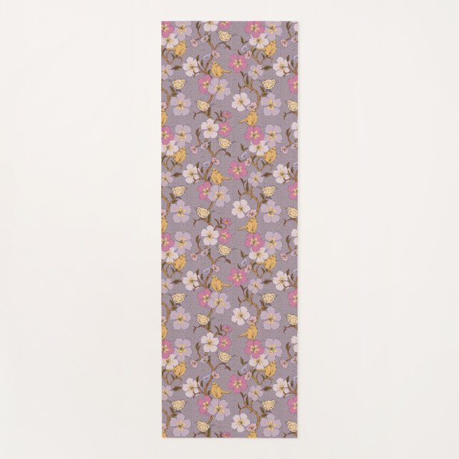 Tapete De Yoga Florais e Aves de Trilha Branca - Lavanda (Frente)