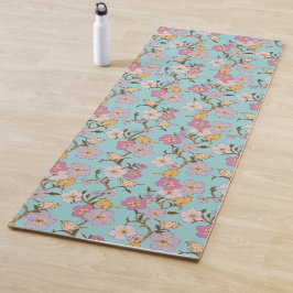 Tapete De Yoga Florais e Pássaros de Reboque Whimsical - Turquesa