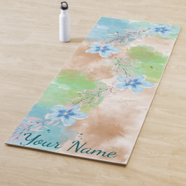 Tapete De Yoga Floral Aquarela Azul