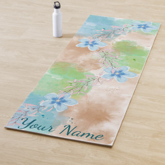 Tapete De Yoga Floral Aquarela Azul