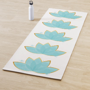 Tapete De Yoga Floral Lotus Watercolor Seafoam Azul e Faux Dourad