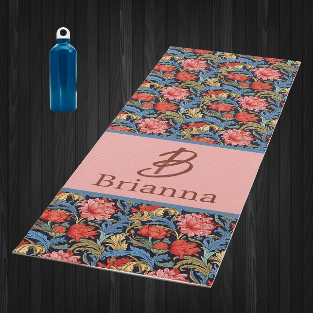 Tapete De Yoga Floral Monogram Pink Blue William Morris Style (Criador carregado)
