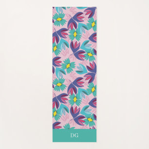 Tapete De Yoga Floral monograma verde rosa feminino ioga delicado