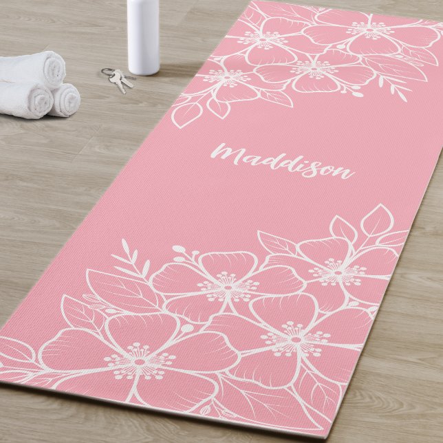 Tapete De Yoga Floral Rosa Personalizado (Personalized Pink Floral Yoga Mat)