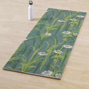 Tapete De Yoga Floral Vintage Daisy em Listras Finas Cinza Azul-e