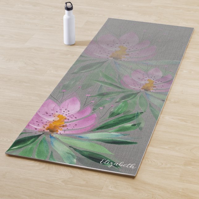 Tapete De Yoga Flores Bloom Violet Watercolor Monogramadas (In Situ)