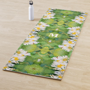 Tapete De Yoga Flores Brancas nas Folhas Verdes, Impressão espelh