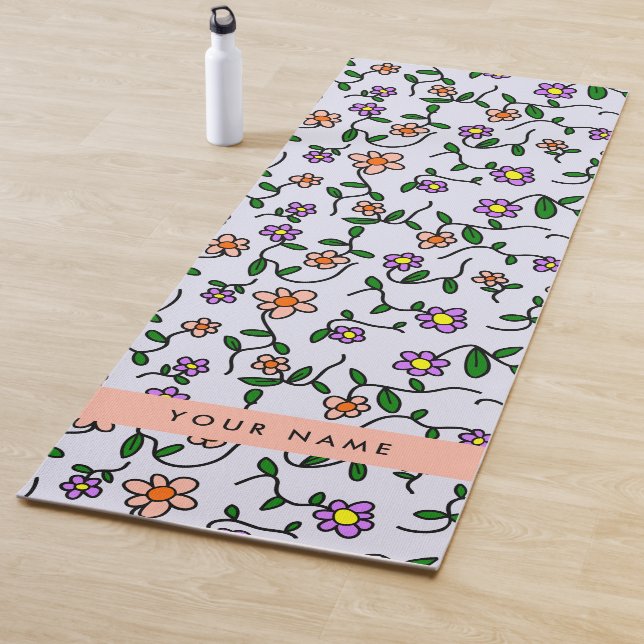 Tapete De Yoga Flores Coloridas, Fundo Azul, Laranja (In Situ)