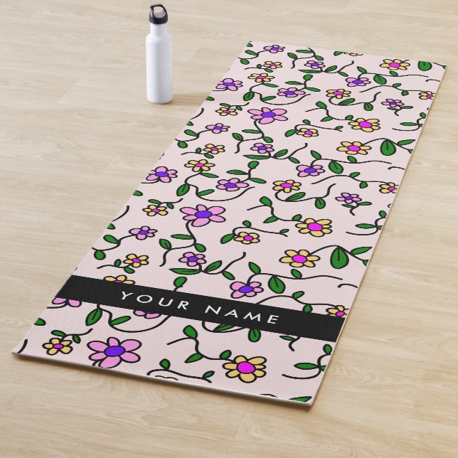Tapete De Yoga Flores Coloridas, Fundo Rosa, Preto (In Situ)