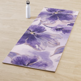 Tapete De Yoga Flores de Aguarela Roxas em Flor