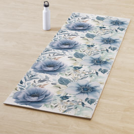 Tapete De Yoga Flores de Cor de Água Azul Dusty Elegante Prateado