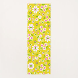 Tapete De Yoga Flores de Mod Retro Amarelo e Branco