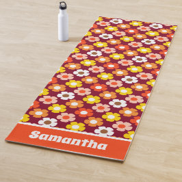 Tapete De Yoga Flores de outono retrorais Padrão Borgonha