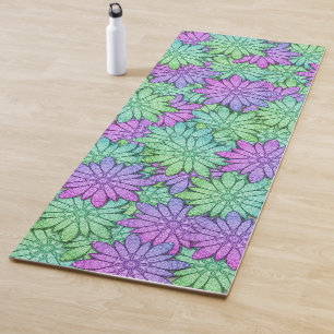 Tapete De Yoga Flores de Pedra Verde e Roxo