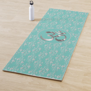 Tapete De Yoga Flores de Prata na Turquesa OM Yoga Mat