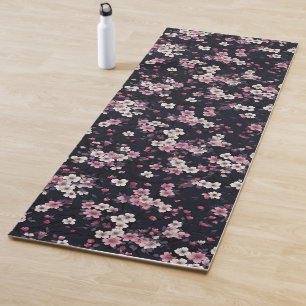 Tapete De Yoga Flores de Sakura Rosa Negra, Design de padrão,