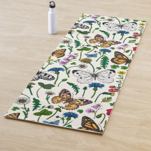 Tapete De Yoga Flores e borboletas selvagens em branco