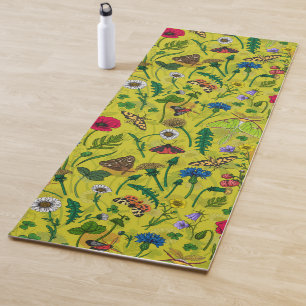 Tapete De Yoga Flores e mariposas selvagens em verde
