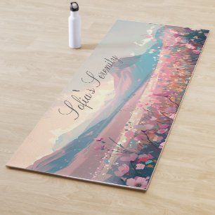 Tapete De Yoga Flores E Montanhas Rosa, Arrastadas À Mão