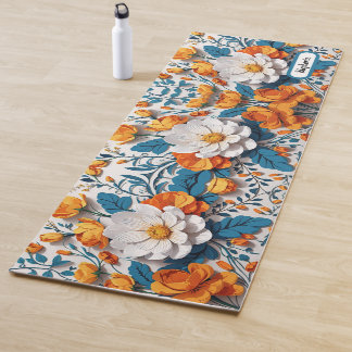 Tapete De Yoga Flores Laranja Brancas Elegantes