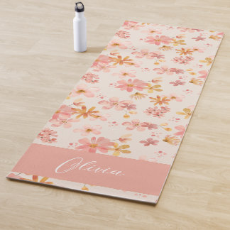 Tapete De Yoga Flores pastosas cor-de-rosa aquarela Nome Monogram