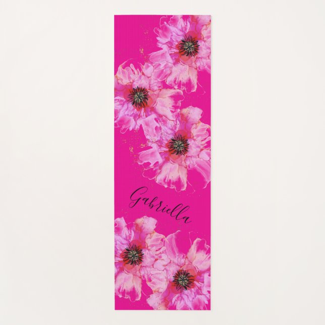 Tapete De Yoga Flores Rosa Brilhantes Com Nome (Frente)