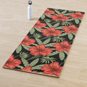 Tapete De Yoga Flores tropicais vermelhas Folhas verdes