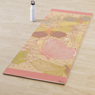 Tapete De Yoga Folha Dourada Chic e Fundo cor-de-rosa borboleta