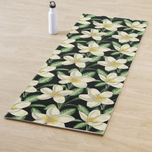 Tapete De Yoga Folha verde de flores brancas de forma contínua tr