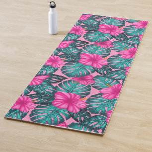 Tapete De Yoga Folhas de Monstera e Hibiscus Teal e Rosa a Rosa