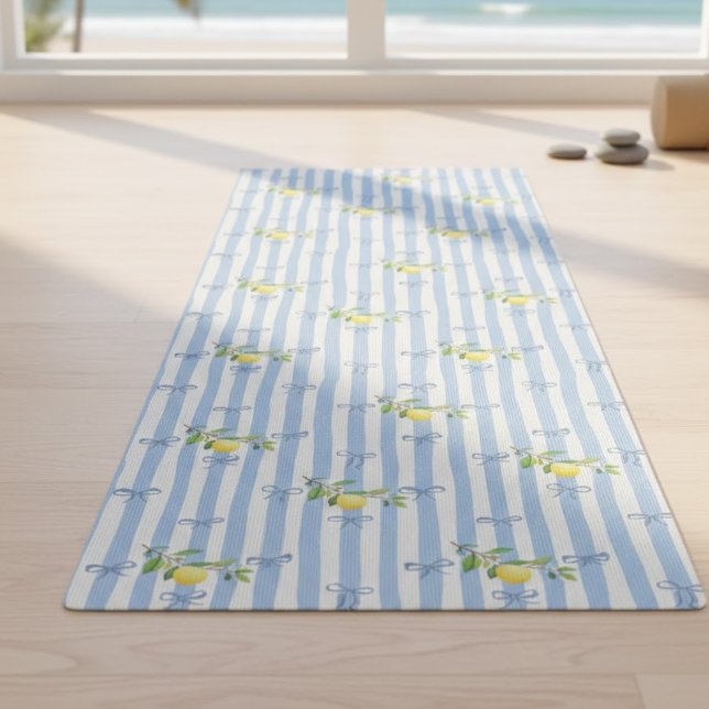 Tapete De Yoga French Country Lemon – Blue Stripe Bow Pattern (Criador carregado)