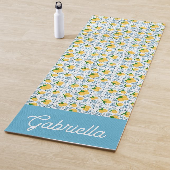 Tapete De Yoga French Country Lemon Blue Tile Monogram (In Situ)