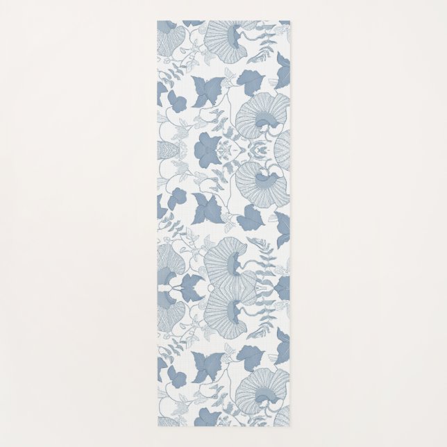 Tapete De Yoga Fundo Branco Delicar Flores Azuis Japonesas (Frente)