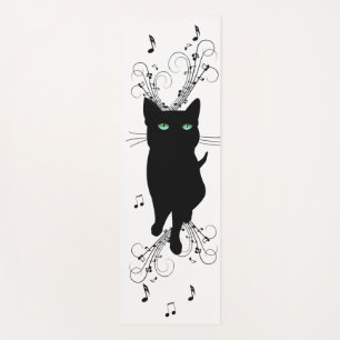 Tapete De Yoga Gato Preto Rodeado por Notas Musicais Sussurrantes