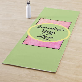 Tapete De Yoga Geométrico Verde Rosa Nome Aquarela