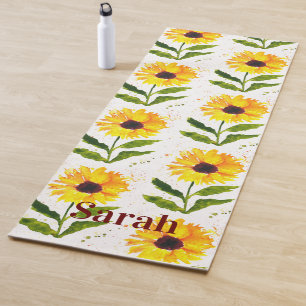 Tapete De Yoga Girassóis Amarelos Ferrugem Marrom Floral Aquarela