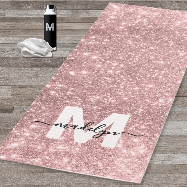 Tapete De Yoga Girly Blush Rosa Dourado Brilho Monograma Nome (Girly Blush Pink Rose Gold Glitter Name Monogram Yoga Mat )