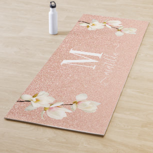 Tapete De Yoga Glitter magnólia floral de pêssego rosa