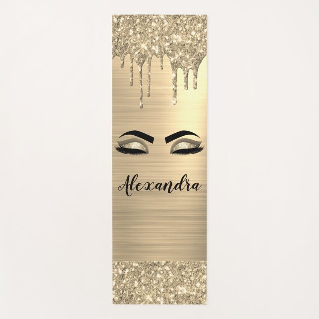 Tapete De Yoga Glitter Sparkle Eyelashes Dourado Nome do Monogram (Frente)