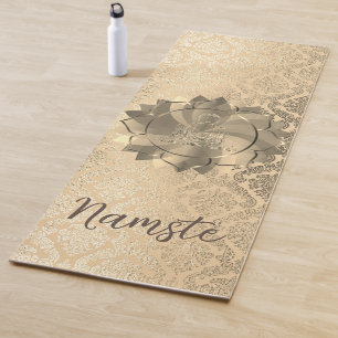 Tapete De Yoga Glittery Dourada Damask Buddha Lotus Personalizado