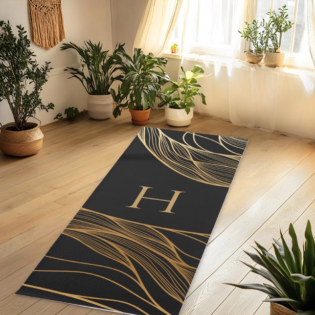 Tapete De Yoga Gold and Black Modern Pattern Monogram (Criador carregado)