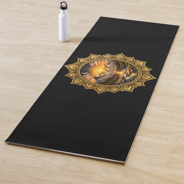 Tapete De Yoga Golden Boho Mandala Mountain Sunset Art | Black (In Situ)