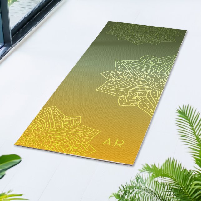 Tapete De Yoga Gradiente Assimétrico de Mandala de Verde a Amarel (Criador carregado)