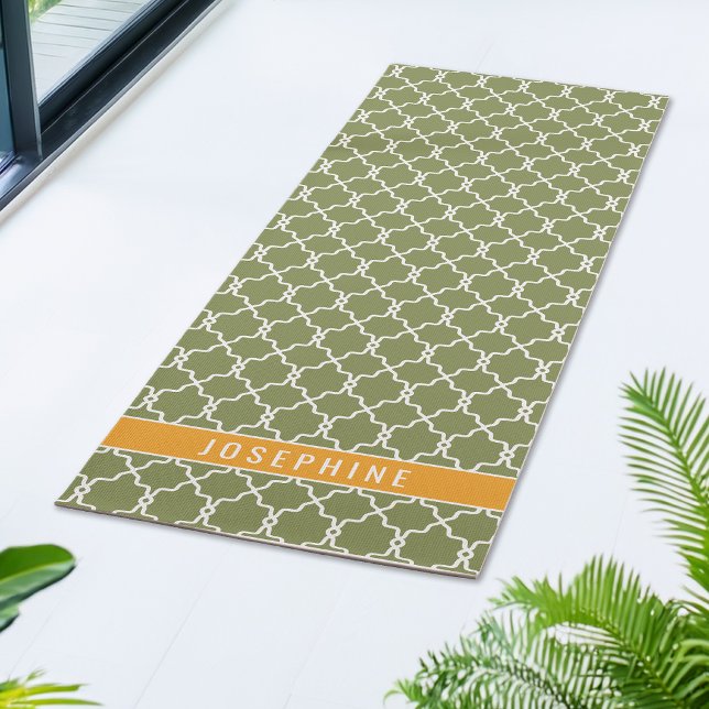 Tapete De Yoga Green And Orange Trellis Pattern With Custom Name (Criador carregado)